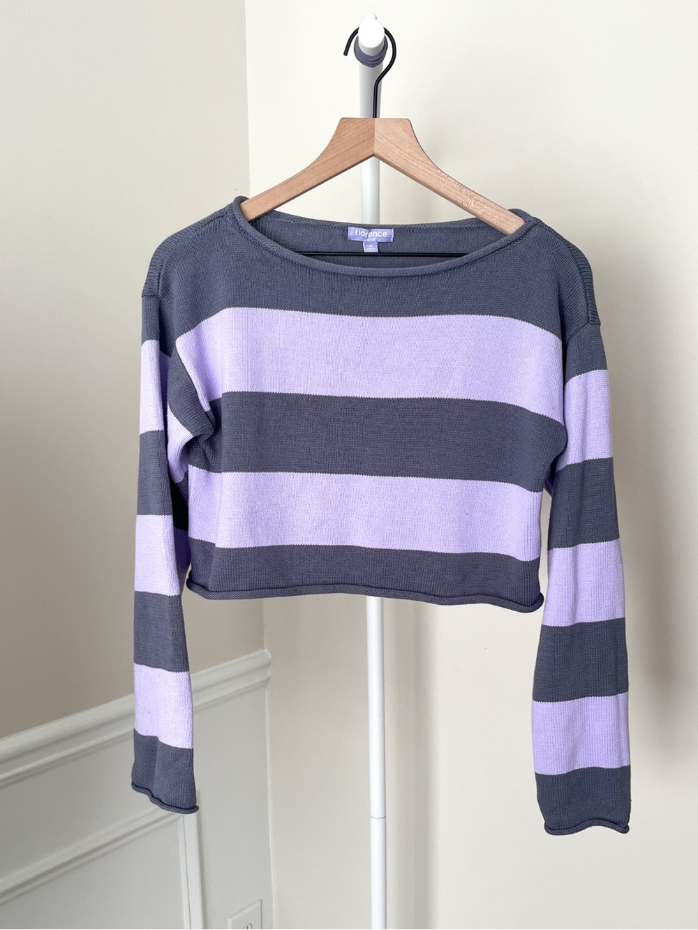 FLORENCE by Mills Rugby Stripe Boxy Cropped Sweater Lavender Grey Women’s Medium